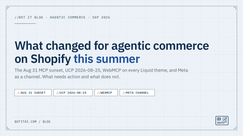 What changed for agentic commerce on Shopify this summer: the Aug 31 MCP sunset, UCP 2026-08-25, WebMCP everywhere, and Meta as a channel